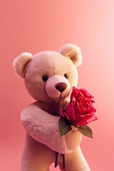 A pink teddy bear with a pink bow sits on a pink background decoration