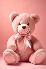 A pink teddy bear with a pink bow sits on a pink background decoration