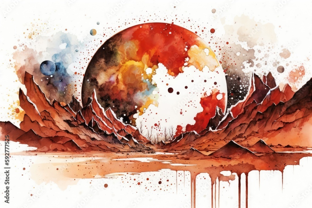 Wall mural mars dubbed the red planet. terrain and atmospheric dust on mars. generative ai