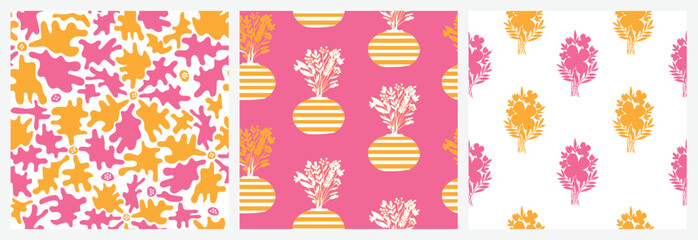 Fototapeta na wymiar Set of pastel floral seamless repeat pattern design girly feminine matisse artwork flower vase bouquet pattern for print. fashion fabric textile print vector graphic 