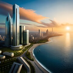 Naklejka na ściany i meble modern city skyline at sunset, Generative AI