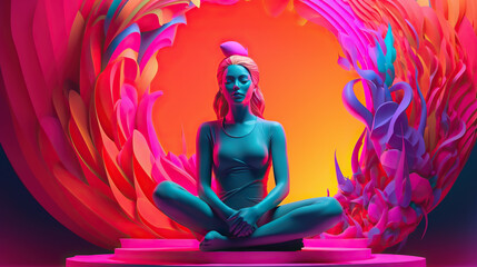 Beautiful and Striking Women Meditating with a 3D Colorful Backdrop, made with Generative AI