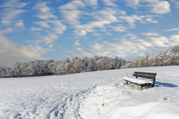Fototapeta na wymiar Empty bench covered in snow in a field on a clear winter sunny day