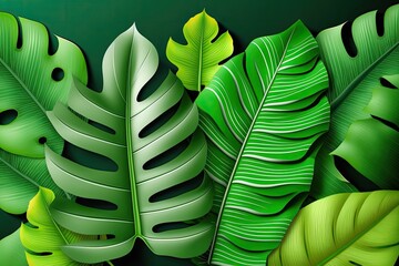 green background with texture of banana and palm leaves. Generative AI