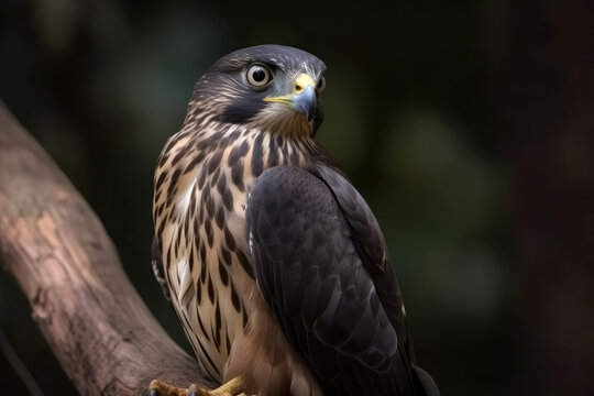 A merlin bird of prey on a branch in close up created with generative AI technology.