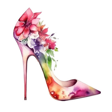 Watercolor stiletto heel with flowers Illustration AI Generative.
