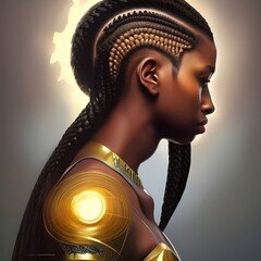 Beautiful side profile of an African American, Black, Afro-Latina woman with braids, science fiction woman, futuristic woman