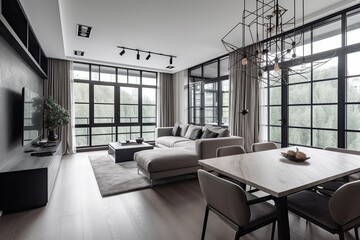 Naklejka na ściany i meble Modern, Luxurious Style Embraced in Contemporary Architecture - Interior Design of a Stylish Living Room with Dining Table and Furniture in an Apartment or House: Generative AI