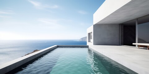 Fototapeta na wymiar minimalist villa with pool and ocean on horizon. .