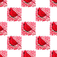 Hand drawn illustration of seamless pattern with red cardinals and berries.