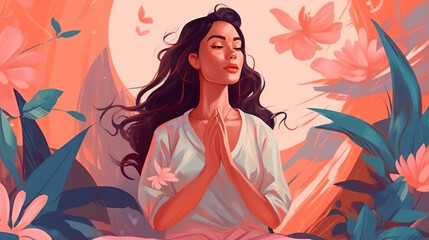 Illustrated Beautiful Women Meditating in Nature made by Generative AI