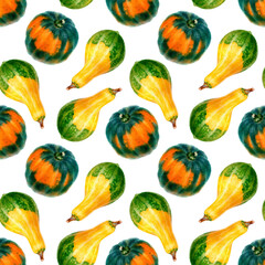 Watercolor illustration of seamless pattern with colorful pumpkins.