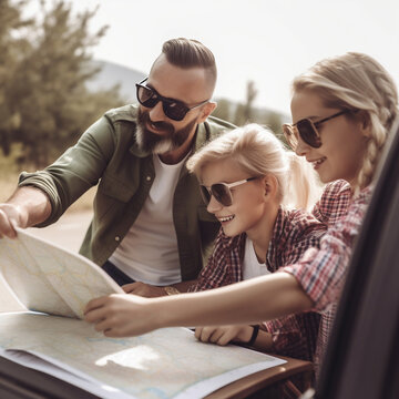 Family on a road trip looking at a map, made with AI