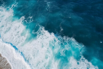 Fototapeta na wymiar Spectacular aerial top view background photo of blue ocean sea water white wave splashing in the deep sea. Drone photo