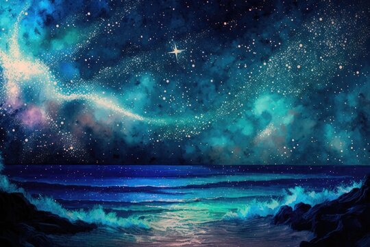 Starry night sky ocean sea in a fantasy setting. Expressionistic Design. Generative AI