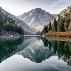 mirror like surface of a lake reflecting the surrounding mountains and trees, made with AI