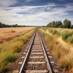 Obraz premium Train tracks running through a countryside field, made with AI
