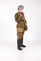 A woman in a retro military uniform, a soldier of the Soviet army during World War Two