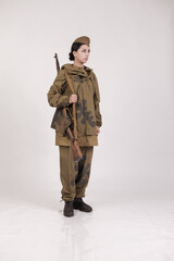 A woman in a retro military uniform, a soldier of the Soviet army during World War Two