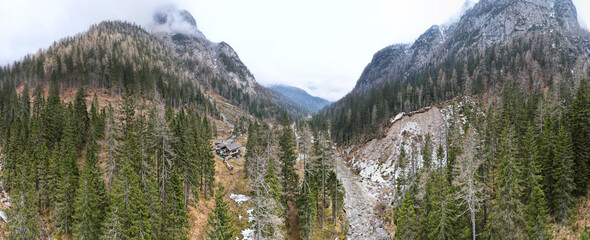  Aerial view on the canyon in the mountains on the border between Italy and Austria.