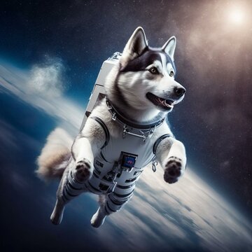 Husky Dog In Space Discovering Planets