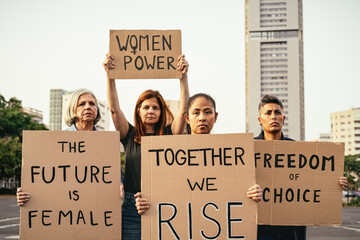 Demonstration of feminist movement protesting for female rights - Women empowerment concept - obrazy, fototapety, plakaty