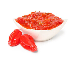 Bowl of delicious salsa sauce and peppers isolated on white background - obrazy, fototapety, plakaty