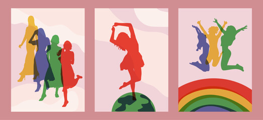 International Women's day posters set. Female social community of diverse culture. Racial equality, empowerment or inclusion concept. Silhouette of multicultural women, colleagues, friends