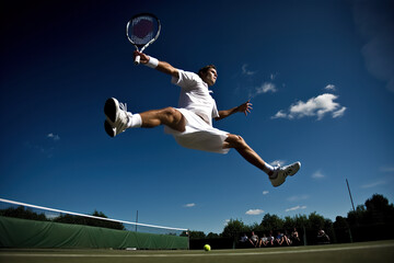 Fototapeta na wymiar A man jumping in the air with a tennis racket. AI generative image