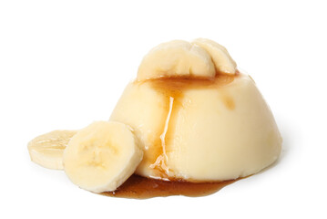 Delicious pudding with bananas covered by caramel syrup isolated on white background