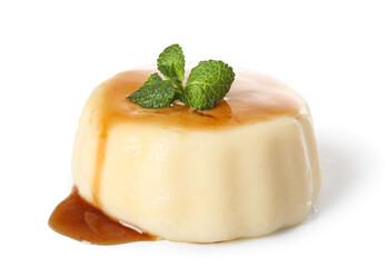 Delicious pudding with mint covered by caramel syrup isolated on white background