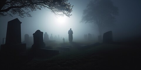 haunting image of lone figure standing in misty graveyard at night with shadows and fog creating spooky and atmospheric scene, concept of Horror and Atmosphere, created with Generative AI technology