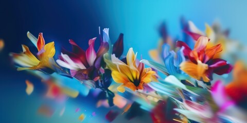 Motion blur multicolor flowers on blue background created with Generative AI technology