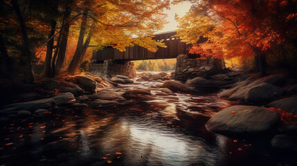 Captivating Autumn Image of Quaint Covered Bridge in New England - generative ai