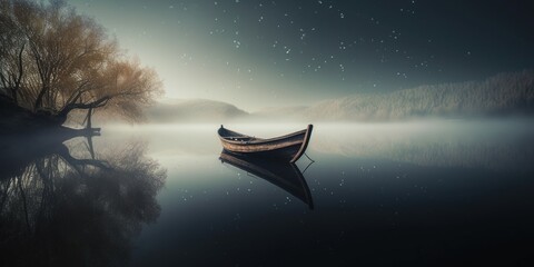boat drifts peacefully on serene lake, concept of Tranquility and Reflection, created with Generative AI technology