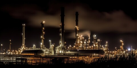 Fototapeta na wymiar dramatic image of refinery at night with pipes chimneys and smokestacks illuminated against dark sky, concept of Industrialization and Pollution, created with Generative AI technology