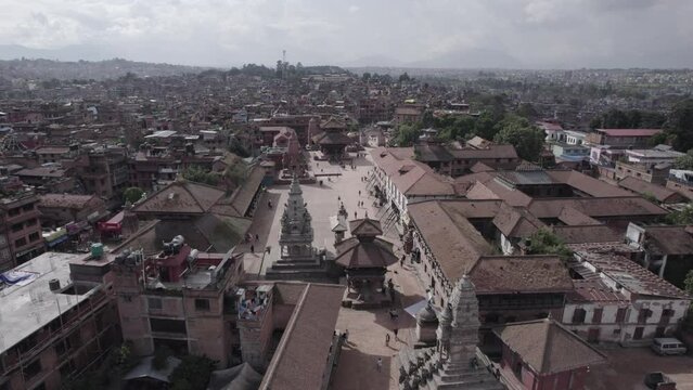Nepal Bhaktapur Durbar Square Aerial Shot Close Fly Over in Kathmandu Log - World Heritage Site
