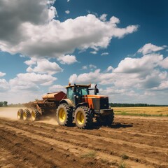 Obraz premium A large agricultural machinery tractor with yellow wheels drives across a field under a blue cloudy sky. AI generative.