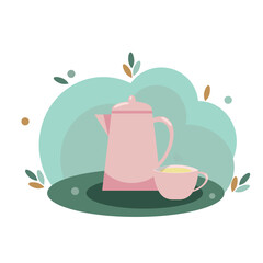 Vector illustration. Teapot with a cup of tea with graphic elements in spring colors. Tea set, vector