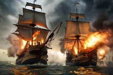 battle between two pirate ships, cannons blazing and smoke billowing, created with generative ai