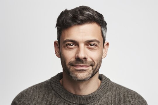 Medium shot portrait photography of a satisfied man in his 30s wearing a cozy sweater against a white background. Generative AI