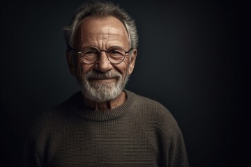 Obraz premium Lifestyle portrait photography of a satisfied man in his 70s wearing a cozy sweater against a minimalist or empty room background. Generative AI