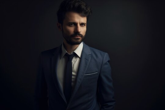 Portrait of a handsome bearded man in a suit on a dark background