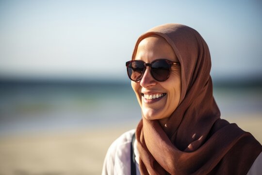 Portrait of a smiling muslim woman wearing sunglasses on the beach