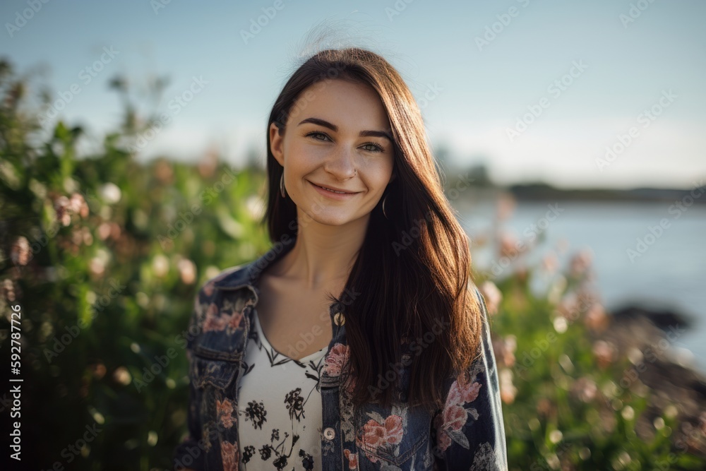 Canvas Prints Portrait of a beautiful young woman on the background of the lake