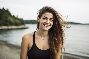 Portrait of a beautiful young woman with long hair on the beach