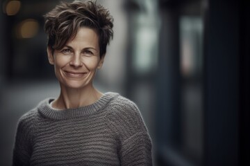 Portrait of a beautiful middle-aged woman in a gray sweater