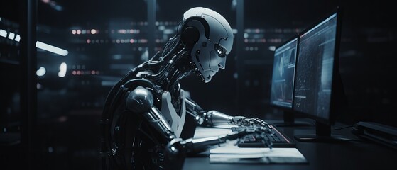 Robot working on a computer. Generative AI