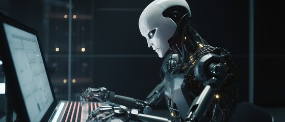 Fototapeta na wymiar Robot working on a computer. Generative AI