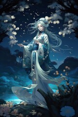Obraz na płótnie Canvas Japanese cartoon anime girl in a kimono dress in a flower field on a full moon made with generative AI